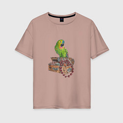 Футболка оверсайз женская Зеленый попугай на сундуке с сокровищами, цвет: пыльно-розовый