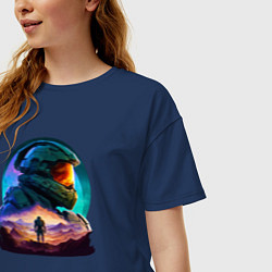 Футболка оверсайз женская Киборг и космический пейзаж, цвет: тёмно-синий — фото 2
