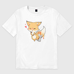 Футболка оверсайз женская Милая лисичка подралась с мышкой, цвет: белый