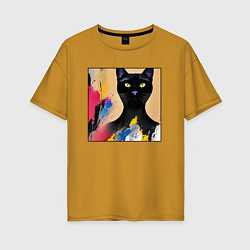 Футболка оверсайз женская Черный кот из нейросети, цвет: горчичный