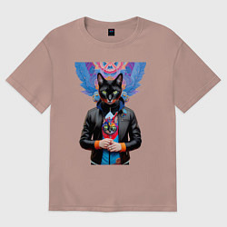 Футболка оверсайз женская Модная чёрная кошечка в кожаной куртке, цвет: пыльно-розовый