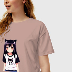 Футболка оверсайз женская Девочка аниме с котиком, цвет: пыльно-розовый — фото 2
