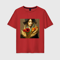 Женская футболка оверсайз Девушка с цветами в стиле экспрессионизм, дизайн 1