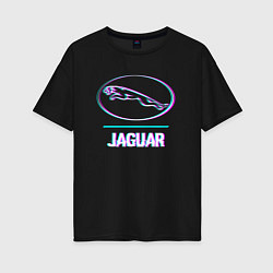 Футболка оверсайз женская Значок Jaguar в стиле glitch, цвет: черный