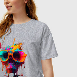 Футболка оверсайз женская Красочный неоновый коктейль в черепе, цвет: меланж — фото 2