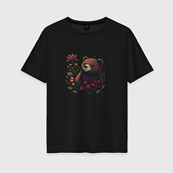 Футболка оверсайз женская Медведь и цветы, цвет: черный