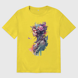 Футболка оверсайз женская Киберлетчица в цветах - Хуф и Ся - дополнение, цвет: желтый