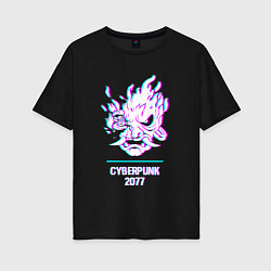 Футболка оверсайз женская Cyberpunk 2077 в стиле glitch и баги графики, цвет: черный