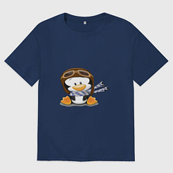 Футболка оверсайз женская Пингвин в шапке лётчика, цвет: тёмно-синий
