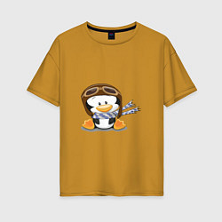Женская футболка оверсайз Пингвин в шапке лётчика