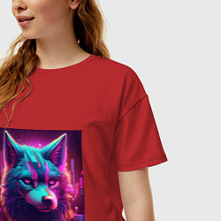 Футболка оверсайз женская Кибер-волк в неоновом свете, цвет: красный — фото 2