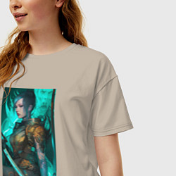 Футболка оверсайз женская Девушка самурай киберпанк, цвет: миндальный — фото 2