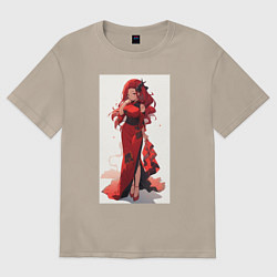 Футболка оверсайз женская Рыжая девушка в красном платье, цвет: миндальный