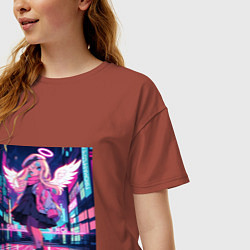 Футболка оверсайз женская Милая аниме девочка-ангел на фоне неонового города, цвет: кирпичный — фото 2