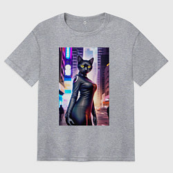 Футболка оверсайз женская Кульная чёрная кисуля - Нью-Йорк - нейросеть, цвет: меланж