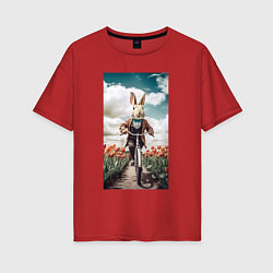 Футболка оверсайз женская Кролик едет на велосипеде, цвет: красный