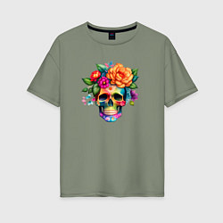 Женская футболка оверсайз Череп с цветами в мексиканском стиле