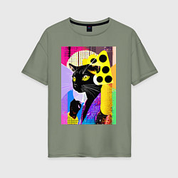Футболка оверсайз женская Black cat cheese - pop art - poster, цвет: авокадо