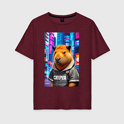 Футболка оверсайз женская Cool capybara - urban style - neural network, цвет: меланж-бордовый