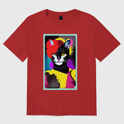 Футболка оверсайз женская Lady cat - pop art - neural network, цвет: красный