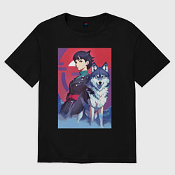 Футболка оверсайз женская Девочка со своим другом волком - аниме, цвет: черный
