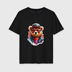Женская футболка оверсайз Модный медведь в кепке и в очках