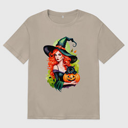 Футболка оверсайз женская Рыжая ведьма с тыквой и черным котом, цвет: миндальный