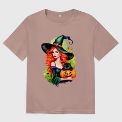 Футболка оверсайз женская Рыжая ведьма с тыквой и черным котом, цвет: пыльно-розовый