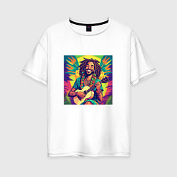 Женская футболка оверсайз Веселый растаман регги гитарист в стиле retrowave