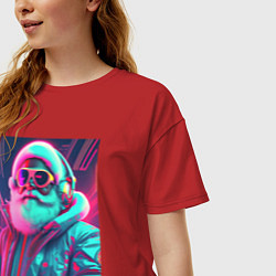 Футболка оверсайз женская Модный Санта в неоновом свете, цвет: красный — фото 2