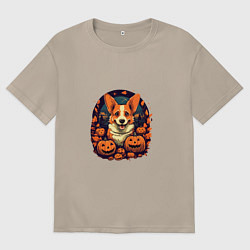 Футболка оверсайз женская Собака и тыквы в праздник хэллоуин, цвет: миндальный