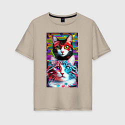 Футболка оверсайз женская Обалдевшие кот и кошка с разными глазами - поп-арт, цвет: миндальный