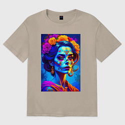 Футболка оверсайз женская Женщина с макияжем на Хэллоуин - нейросеть, цвет: миндальный