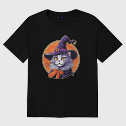 Футболка оверсайз женская Кот ученый в шляпе, цвет: черный
