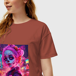 Футболка оверсайз женская Девушка в макияже ко дню мёртвых, цвет: кирпичный — фото 2
