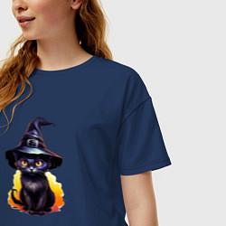 Футболка оверсайз женская Черный кот в шляпе хэллоуин, цвет: тёмно-синий — фото 2