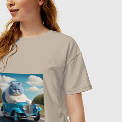 Футболка оверсайз женская Толстый голубой котик винтажный стиль, цвет: миндальный — фото 2