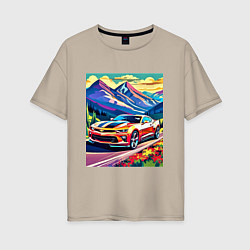 Футболка оверсайз женская Авто на фоне гор, цвет: миндальный