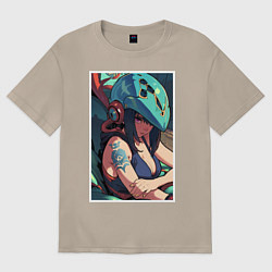 Футболка оверсайз женская Аниме девушка в шлеме, цвет: миндальный