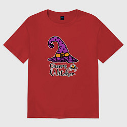 Футболка оверсайз женская Cheers witcher твое здоровье, ведьмак шляпа и паук, цвет: красный
