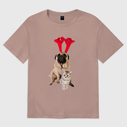 Футболка оверсайз женская Мопс с ушками и котёнок, цвет: пыльно-розовый