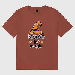 Футболка оверсайз женская Believe in magic ведьмина шляпа хэллоуин, цвет: кирпичный