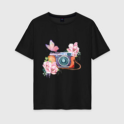 Футболка оверсайз женская Фотоаппарат в цветах и бабочки, цвет: черный