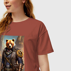 Футболка оверсайз женская Крутой медведь в стиле стимпанк - нейросеть, цвет: кирпичный — фото 2