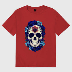 Женская футболка оверсайз Череп с сининими розами