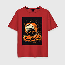 Футболка оверсайз женская Halloween тыква - джек фонарь, цвет: красный