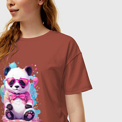 Футболка оверсайз женская Милая панда в розовых очках и бантике, цвет: кирпичный — фото 2