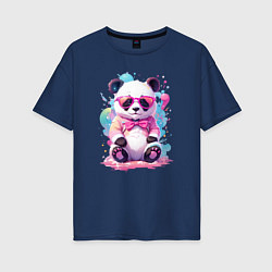 Футболка оверсайз женская Милая панда в розовых очках и бантике, цвет: тёмно-синий