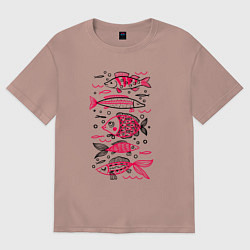 Футболка оверсайз женская Рыбы для рыбака по мотивам мезенской росписи, цвет: пыльно-розовый