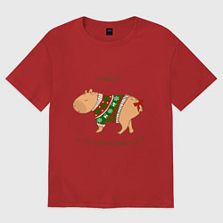 Футболка оверсайз женская Капибара зимой в свитере, цвет: красный